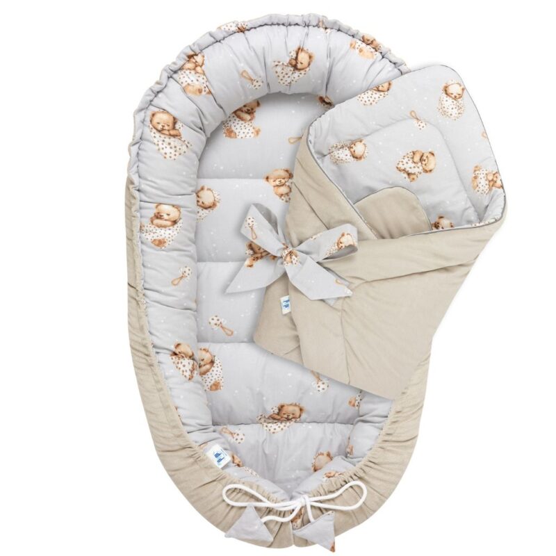 Zestaw kokon z rożkiem - Sleeping Teddy Bear cappucino - bawełna/velvet