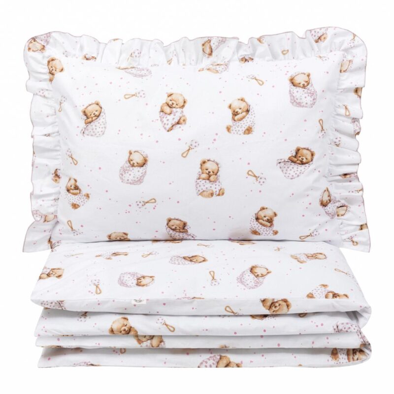 Komplet pościeli z falbanką - poszewka 40x60 i poszwa 120x90 White Sleeping Teddy Bear
