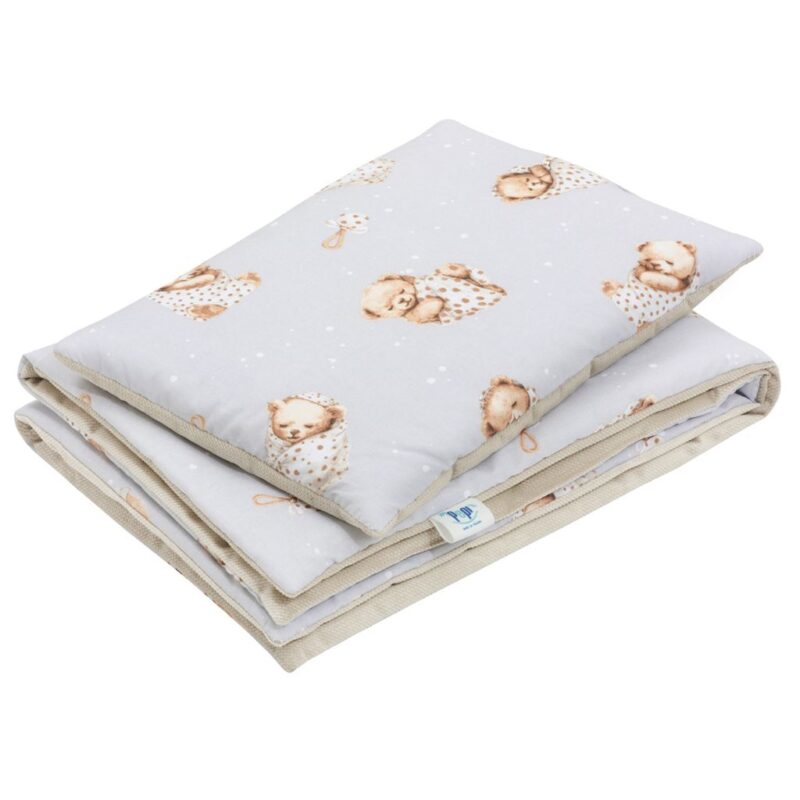 Pościel z wypełnieniem - kołderka 55×75 i poduszka 25×35 - Sleeping Teddy Bear cappucino - bawełna/velvet