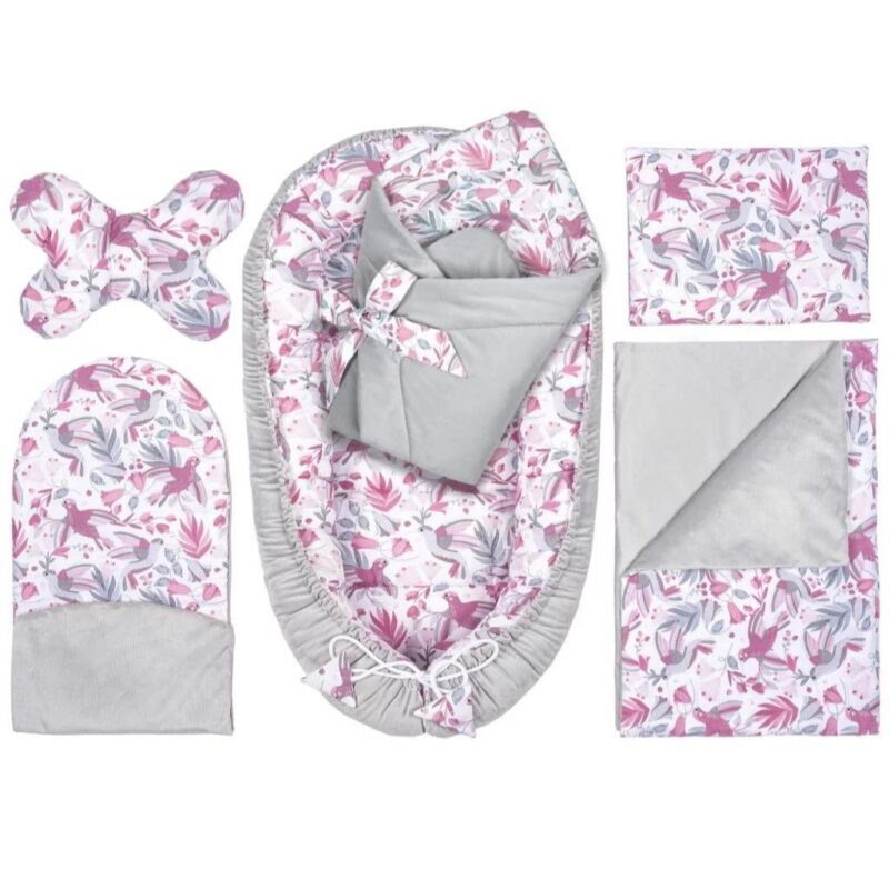 Wyprawka niemowlęca 6-elementowa - Hummingbird grey - bawełna/velvet