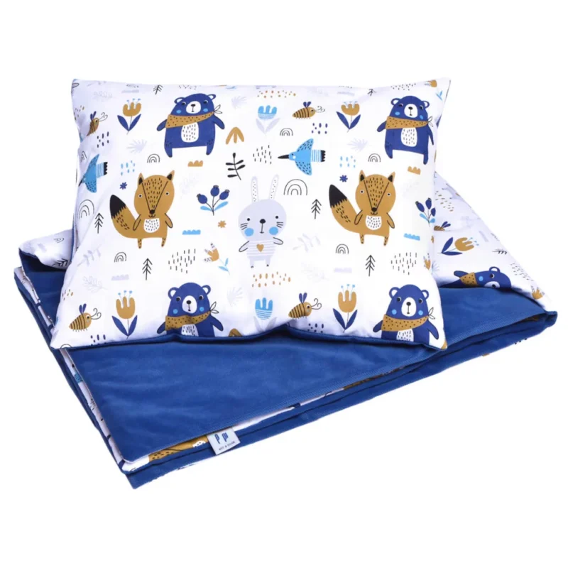 Pościel z wypełnieniem - kołderka 75×100 i poduszka 30×40 - Blue Bear - bawełna/velvet