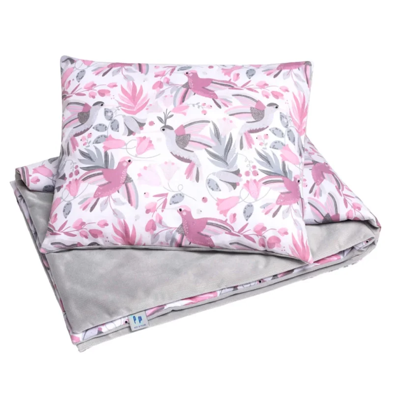 Pościel z wypełnieniem - kołderka 75×100 i poduszka 30×40 - Hummingbird grey - bawełna/velvet