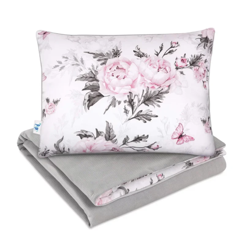Pościel z wypełnieniem - kołderka 75×100 i poduszka 30×40 - Pink Flowers grey - bawełna/velvet