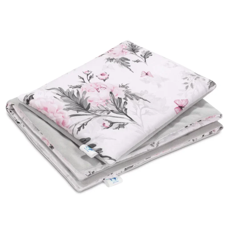 Pościel z wypełnieniem - kołderka 55×75 i poduszka 25×35 - Pink Flowers grey - bawełna/velvet