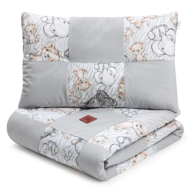 Kołderka patchwork 100×140 z płaską poduszką 40×60 Safari z velvetem grey