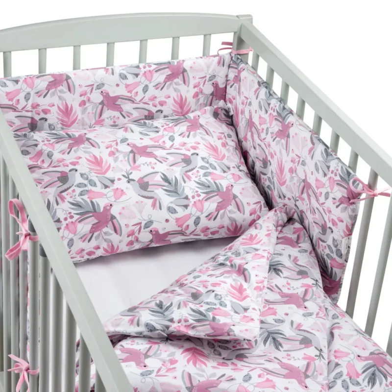 Zestaw 4-elementowy pościeli do łóżeczka 90×120 z prześcieradłem i ochraniaczem Hummingbird rosa