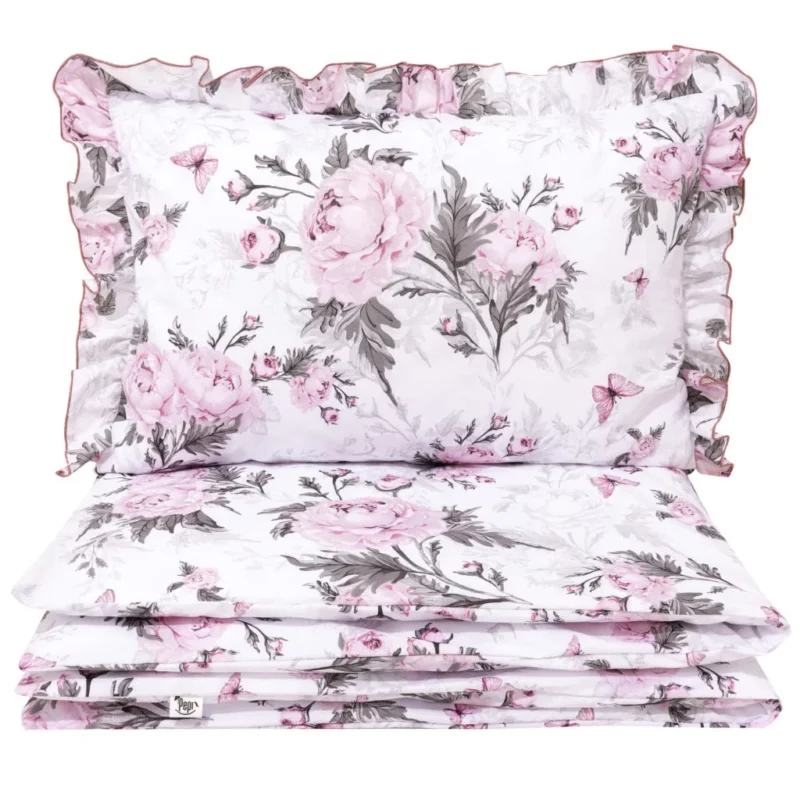 Komplet pościeli z falbanką - poszewka 40x60 i poszwa 120x90 Pink Flowers