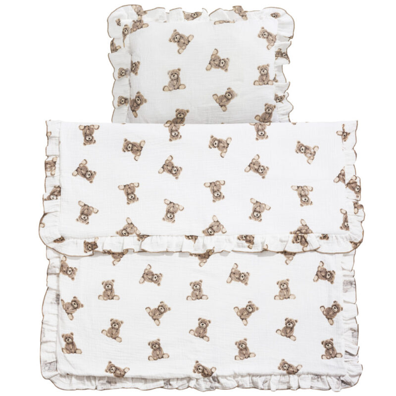 Zestaw muślinowy z falbankami - kołderka 55x75 i poduszka 25x35 - Sweet Teddy