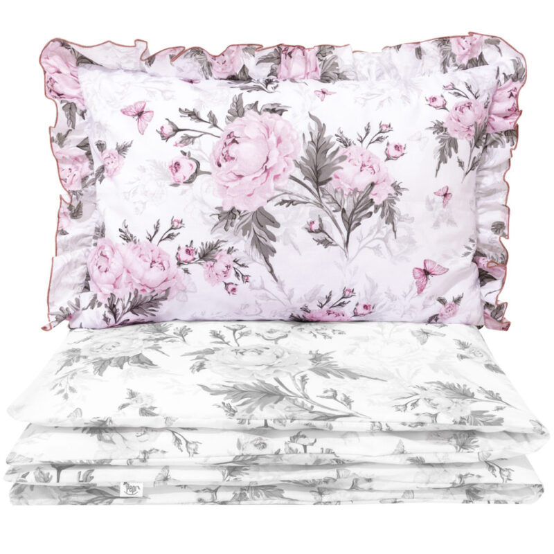 OUTLET***Poszewka bawełniana na poduszkę 40×60 z falbanką Pink Flowers (512)