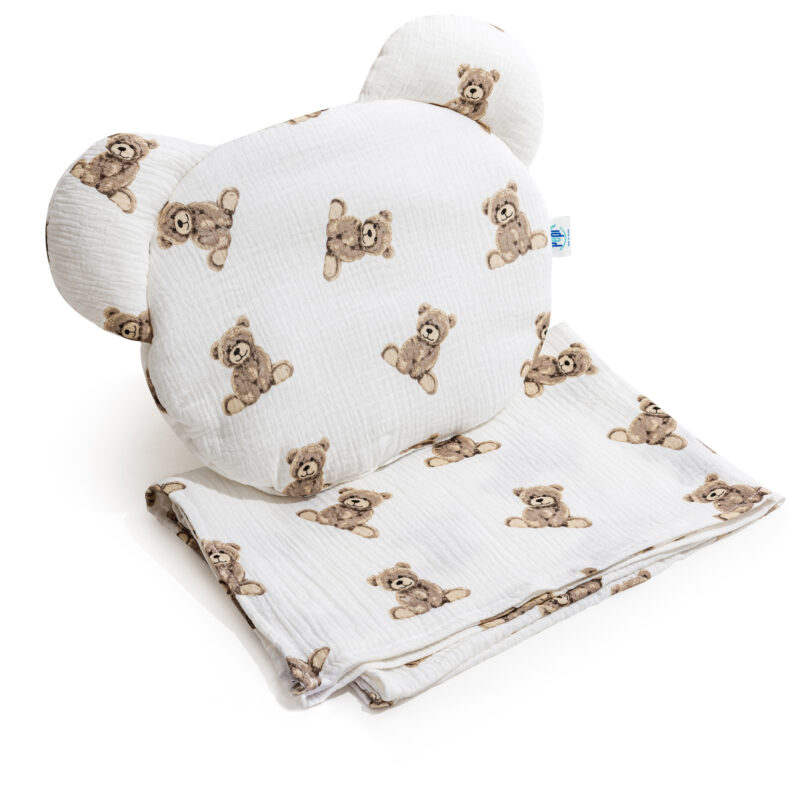 Zestaw muślinowy - kocyk 100x75 i poduszka MIś - Sweet Teddy