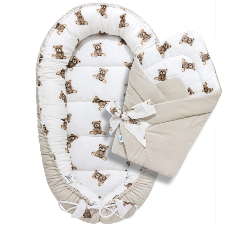 Zestaw muślinowy kokon z rożkiem Sweet Teddy velvet cappucino