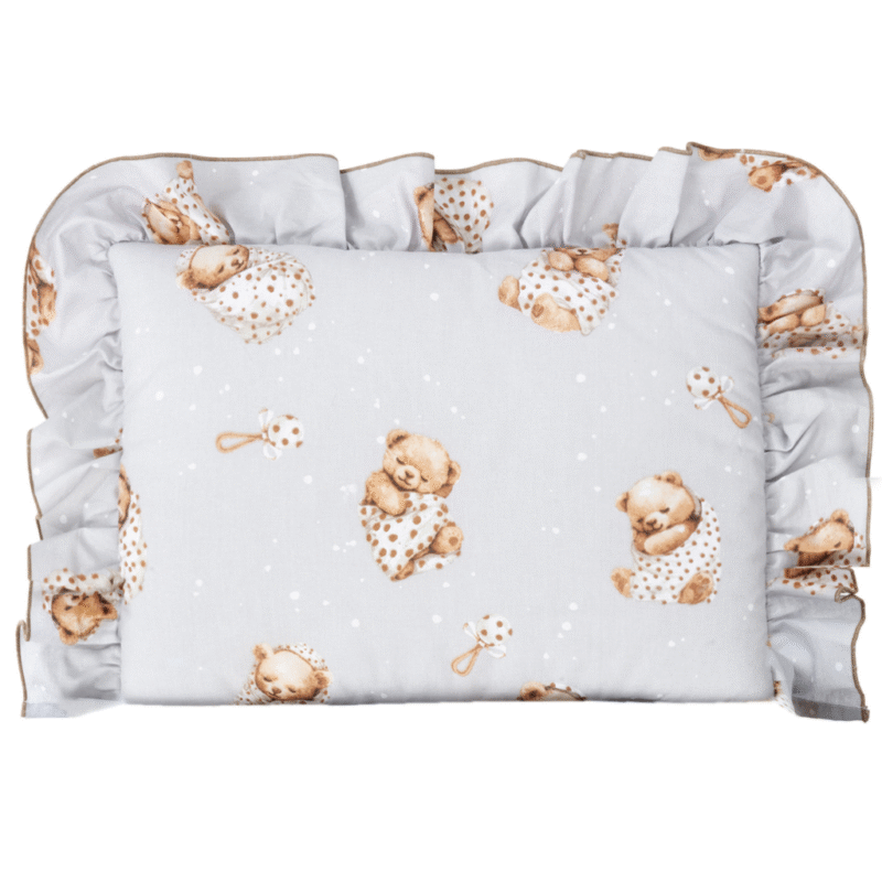 Płaska poduszka z falbanką 25×35 - Sleeping Teddy Bear - bawełna