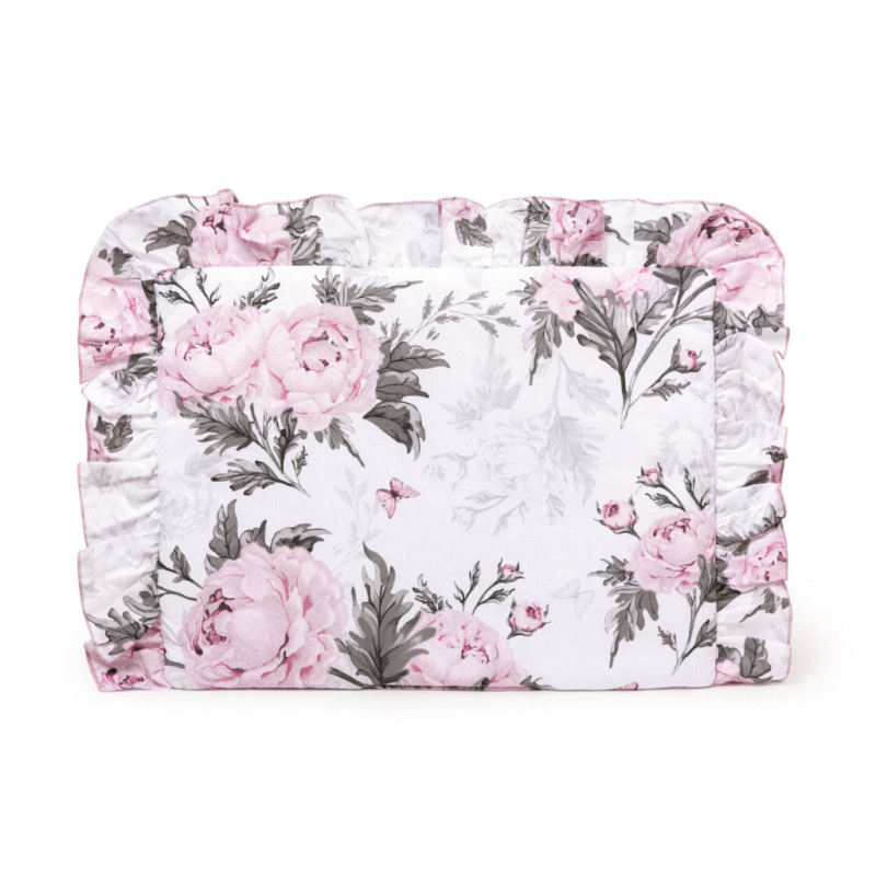 Płaska poduszka z falbanką 25×35 - Pink Flowers - bawełna