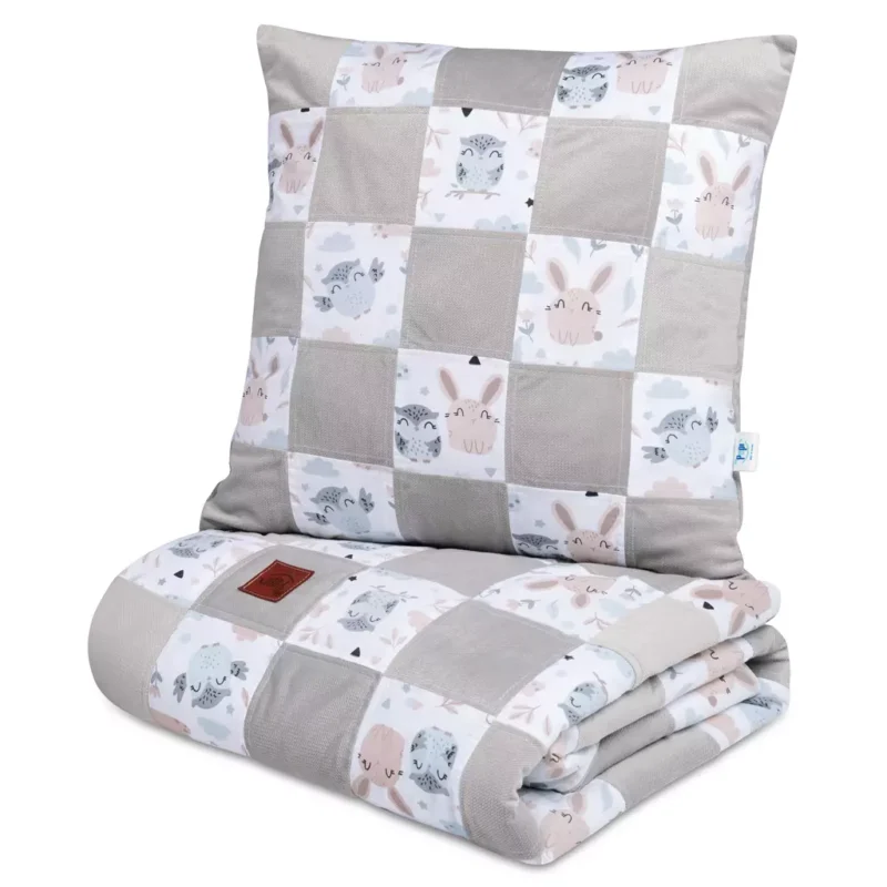 Kołderka patchwork 95×140 z płaską poduszką 45×45 Forest Friends z velvetem