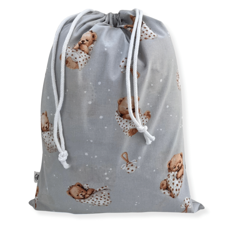 Zestaw do żłobka z płaską poduszką Grey Sleeping Teddy Bear cappucino - bawełna