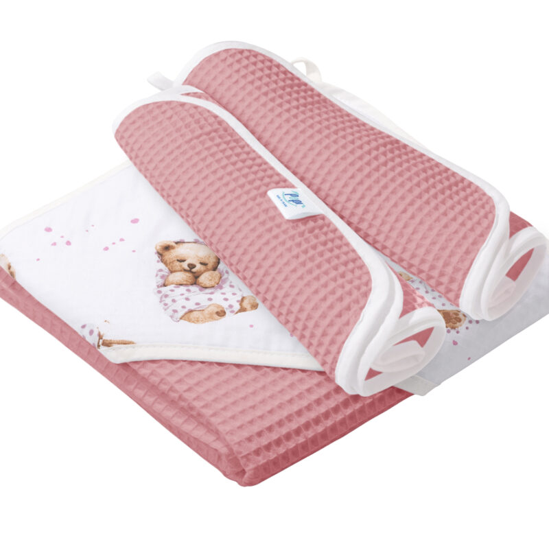 Zestaw kąpielowy ręcznik z kapturem pink i 2 małe ręczniki White Sleeping Teddy Bear