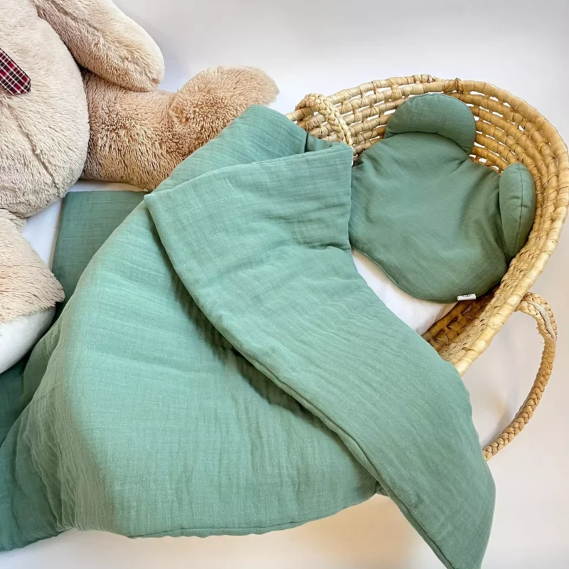 Zestaw Muślinowy green kocyk 70×100 z poduszką Miś