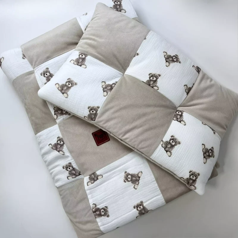 Kołderka muślinowa patchwork 100×140 z płaską poduszką 40×60 Sweet Teddy z velvetem