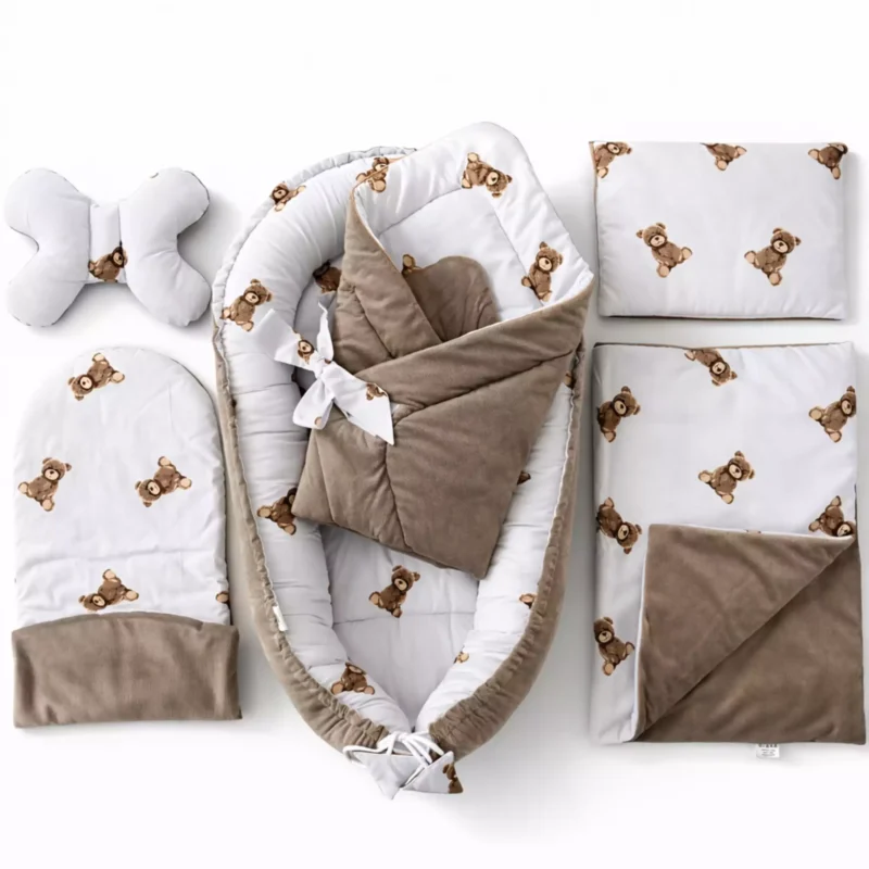 Wyprawka niemowlęca 6-elementowa - Sweet Teddy velvet taupe- bawełna/velvet