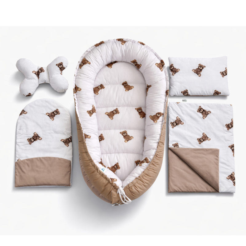 Wyprawka niemowlęca 5-elementowa - Sweet Teddy cappucino - bawełna