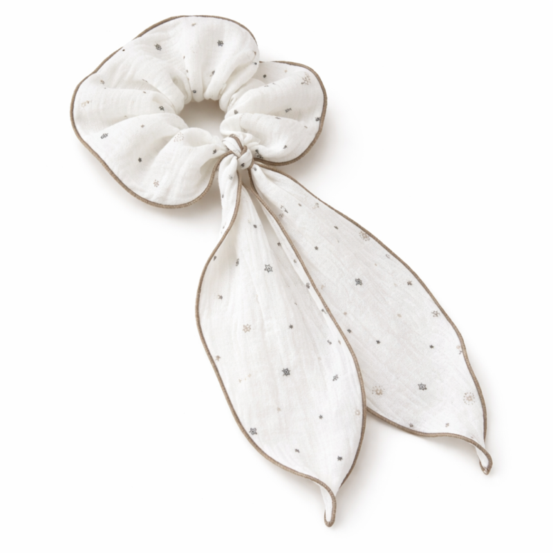Muślinowa gumka scrunchie Gold Galaxy – naturalna bawełna ze wstążką