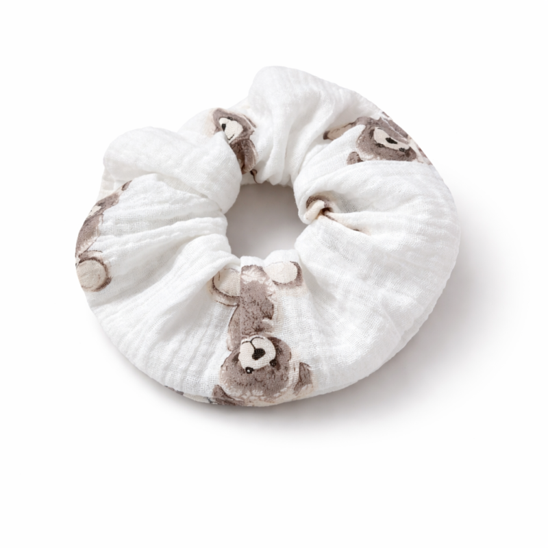 Muślinowa gumka scrunchie Sweet Teddy – naturalna bawełna