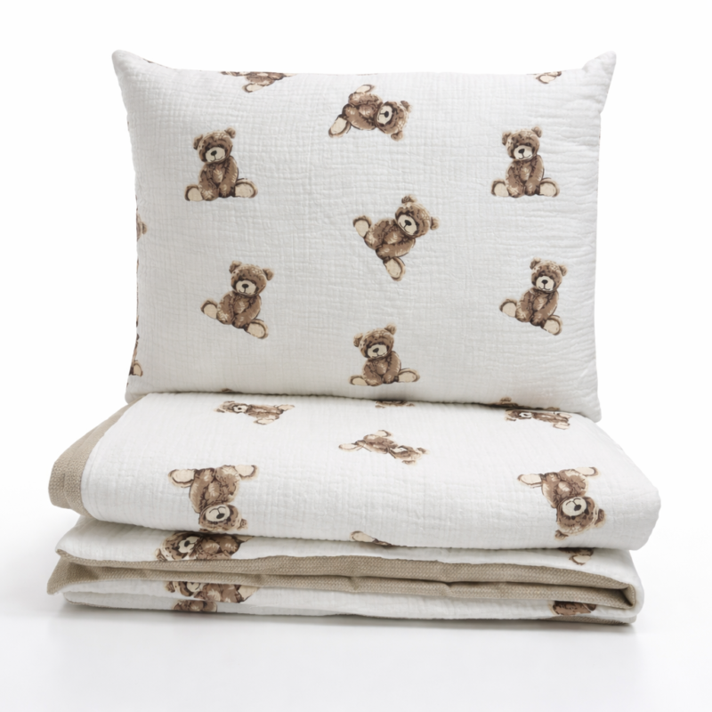 Pościel z wypełnieniem z muślinu i velvetu - kołderka 75×100 i poduszka 30×40 - Sweet Teddy